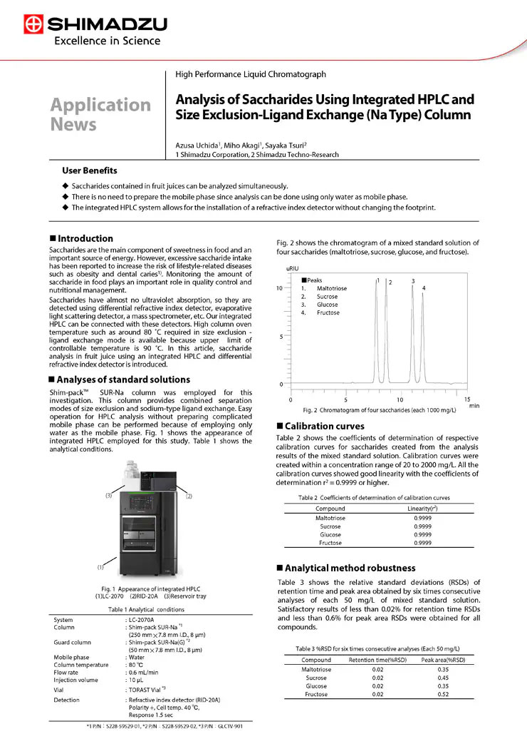  Analysis of Saccharides Using Integrated HPLC and Size Exclusion-Ligand Exchange (Na Type) Column