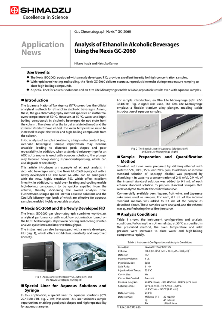 Analysis of Ethanol in Alcoholic Beverages Using the Nexis GC-2060
